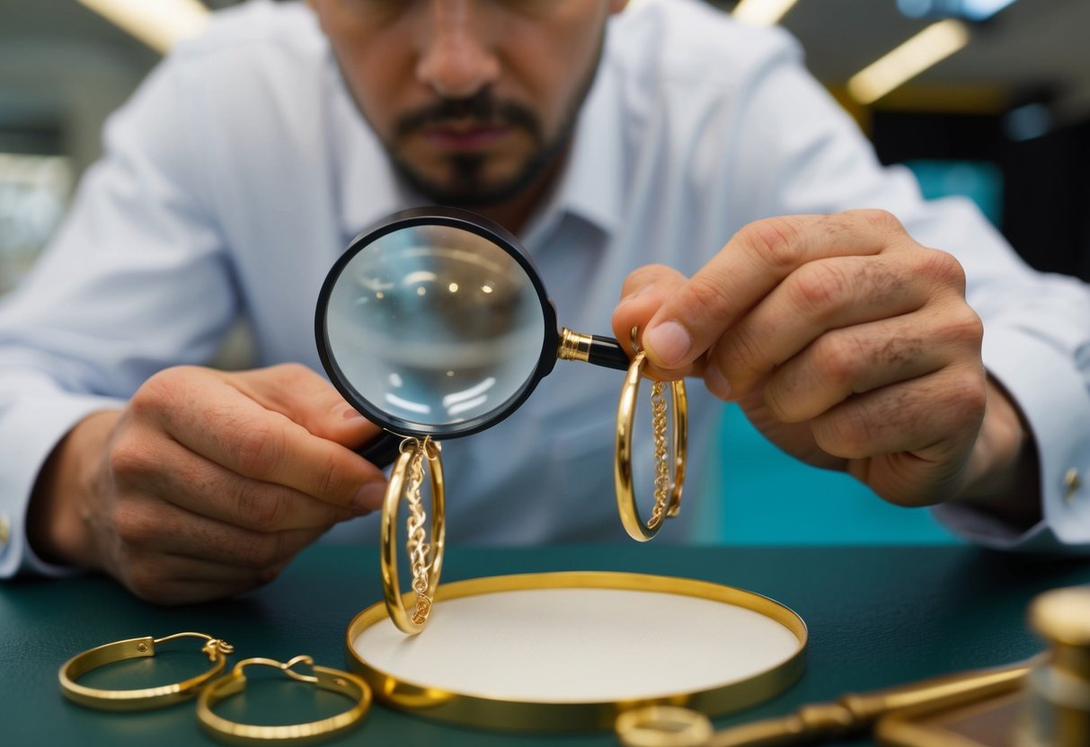 A jeweler examines gold hoop earrings under a magnifying glass, checking for hallmarks and conducting acid tests for authenticity