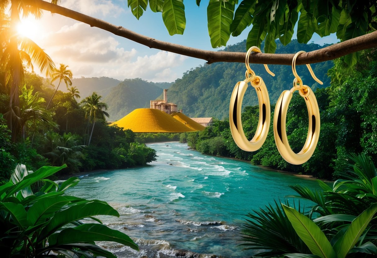 A lush jungle scene with a sparkling river, a sustainable gold mine in the background, and a pair of ethically made gold hoop earrings hanging from a tree branch