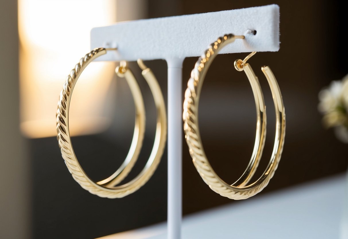 Two custom gold hoop earrings, one larger than the other, hang side by side on a white velvet display stand. The light catches the intricate details of the delicate designs