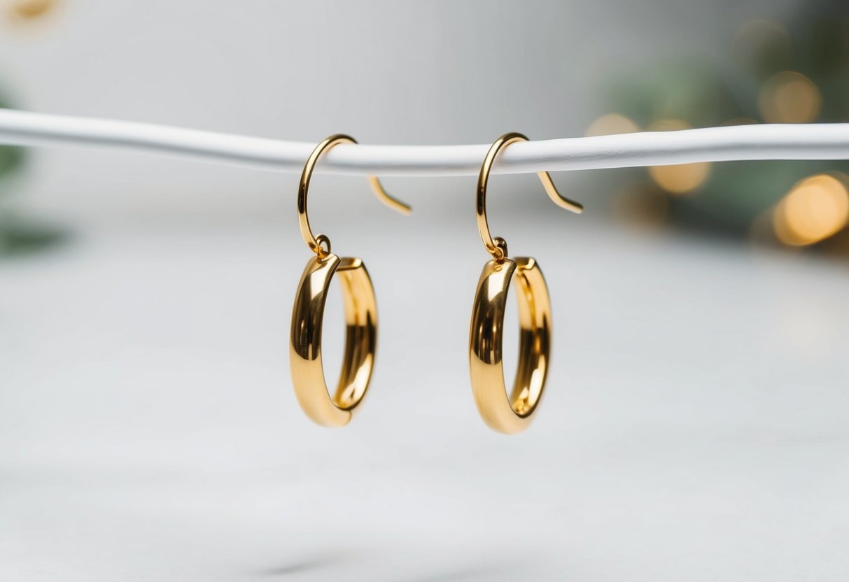 A pair of gold hoop earrings displayed on a white background with a simple, elegant design