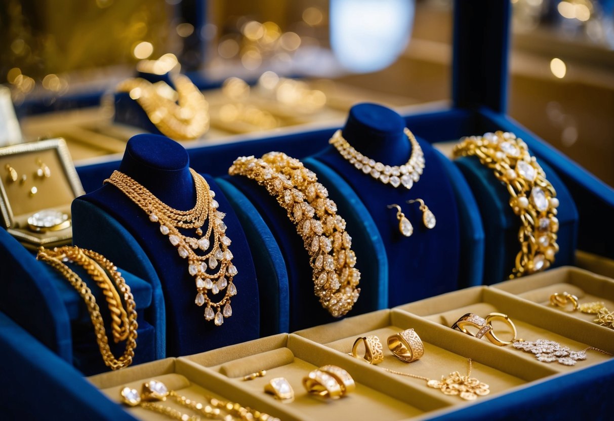 A glittering display of gold jewelry, including necklaces, bracelets, and earrings, arranged on a velvet-lined display case