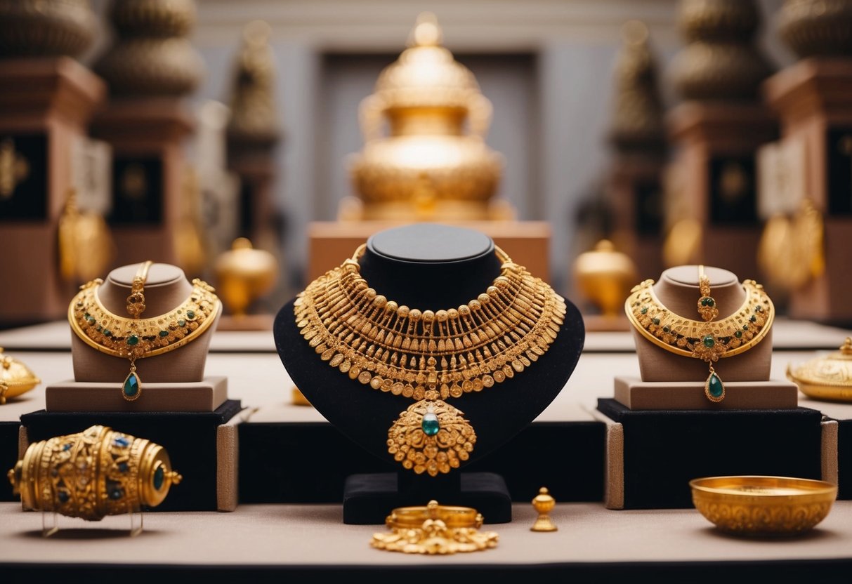 A historical setting with ancient artifacts and intricate gold jewelry on display