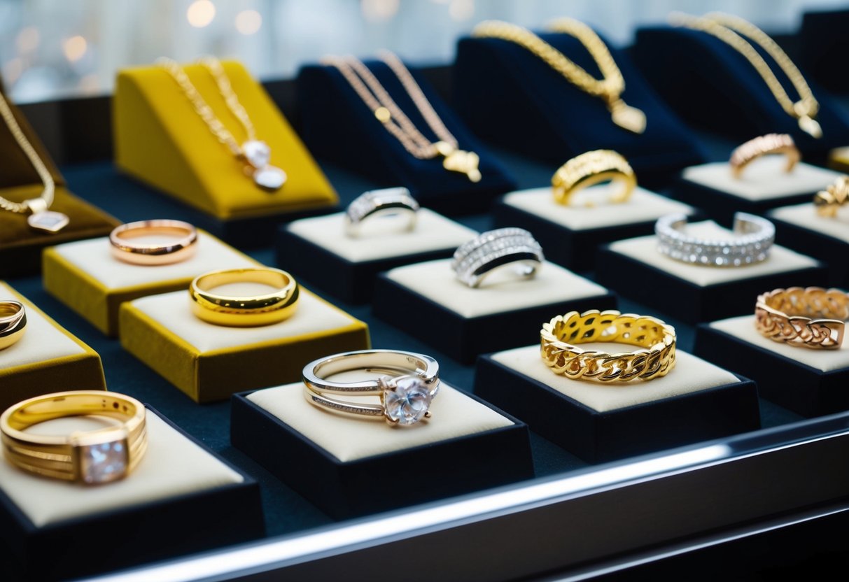 A display of various gold jewelry pieces, including rings, necklaces, and bracelets, each showcasing different types of gold such as yellow, white, and rose gold