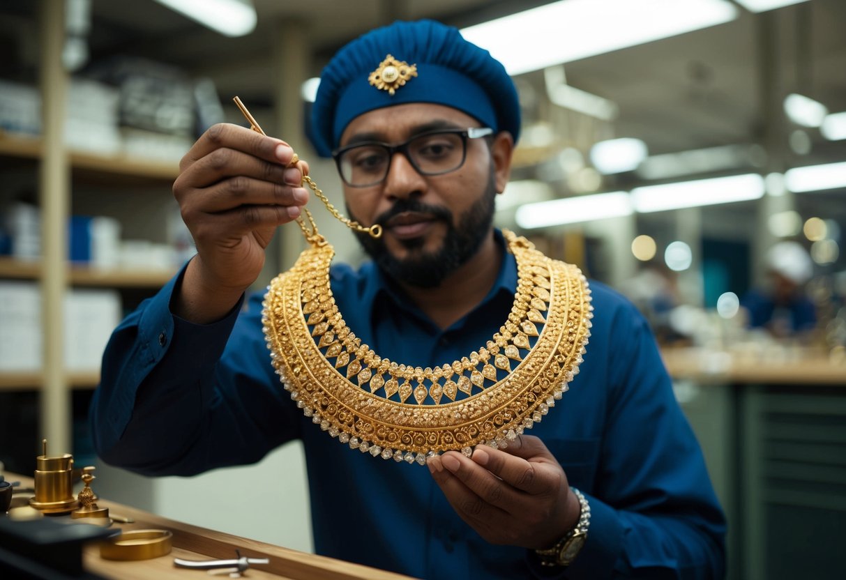 A jeweler meticulously crafts a stunning gold necklace, showcasing intricate design and exquisite craftsmanship