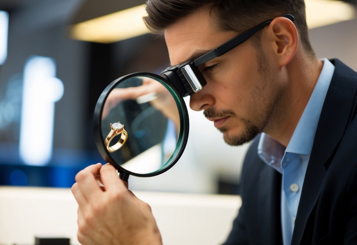 A jeweler carefully examines a gold ring under a magnifying glass, checking for purity markings and imperfections