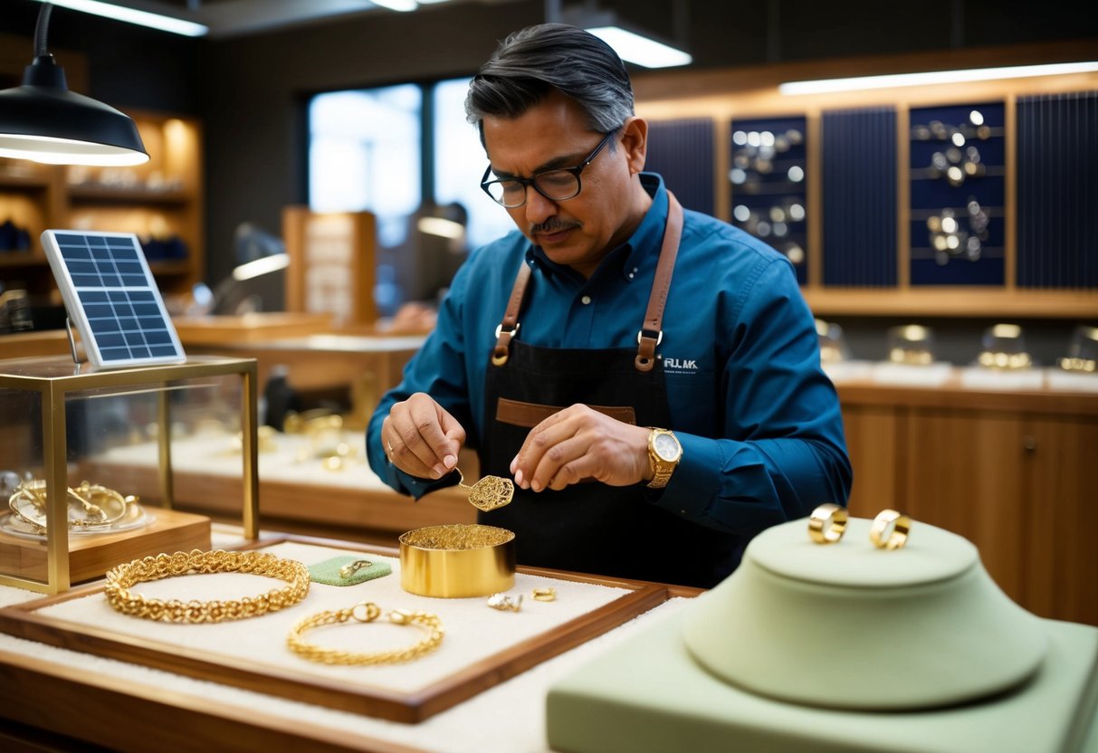 A jeweler carefully selects recycled gold for a new piece. Solar panels power the workshop, and waste is minimized. The finished jewelry is displayed in an eco-friendly store