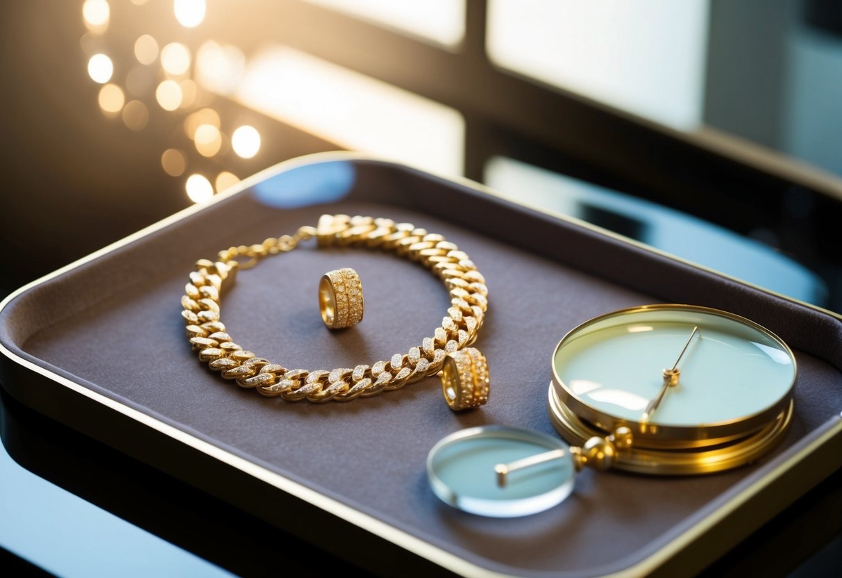 A gleaming gold necklace and matching earrings are displayed on a velvet-lined tray. A magnifying glass and scale sit nearby, hinting at the appraisal process