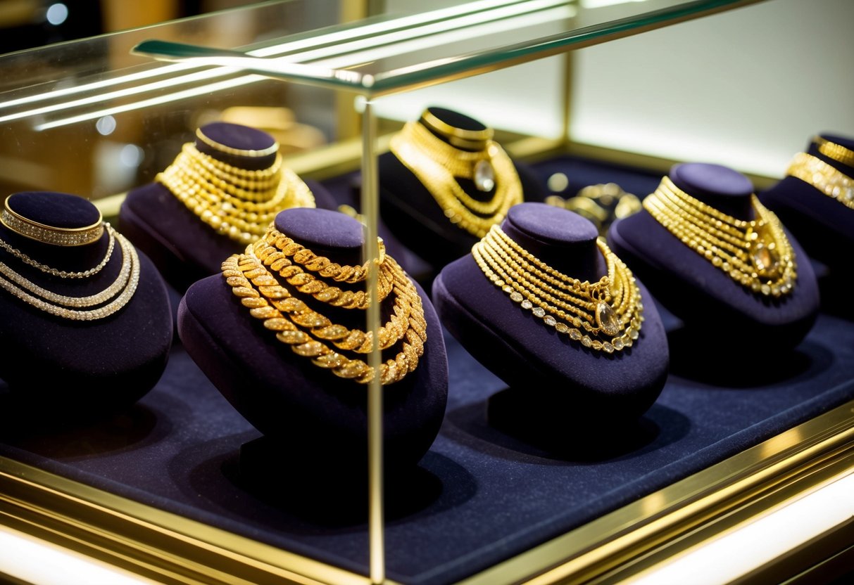 A display of gleaming gold jewelry arranged on velvet cushions in a glass case at a high-end jewelry store