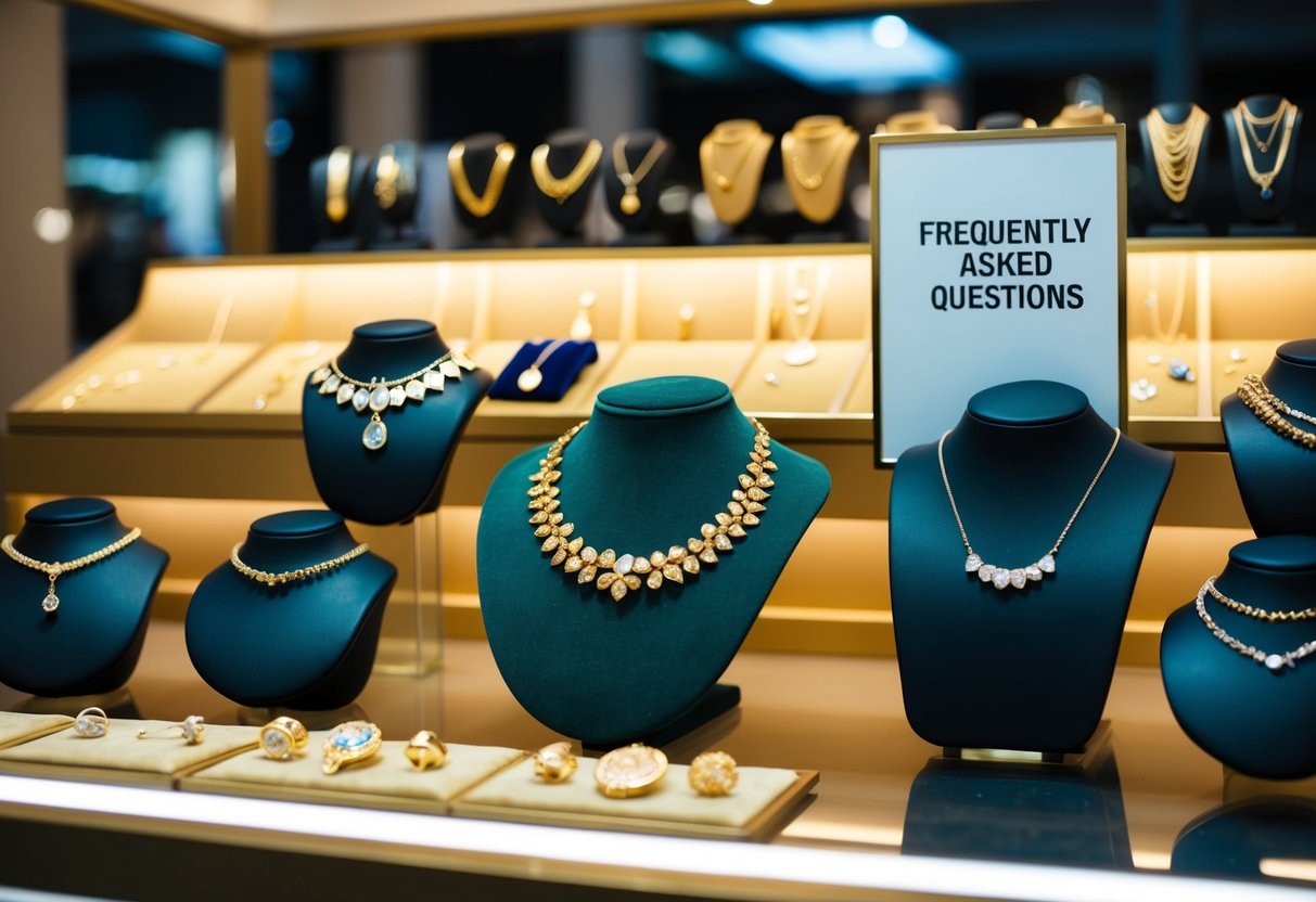 A display of various gold jewelry pieces with a sign for "Frequently Asked Questions" in a jewelry store