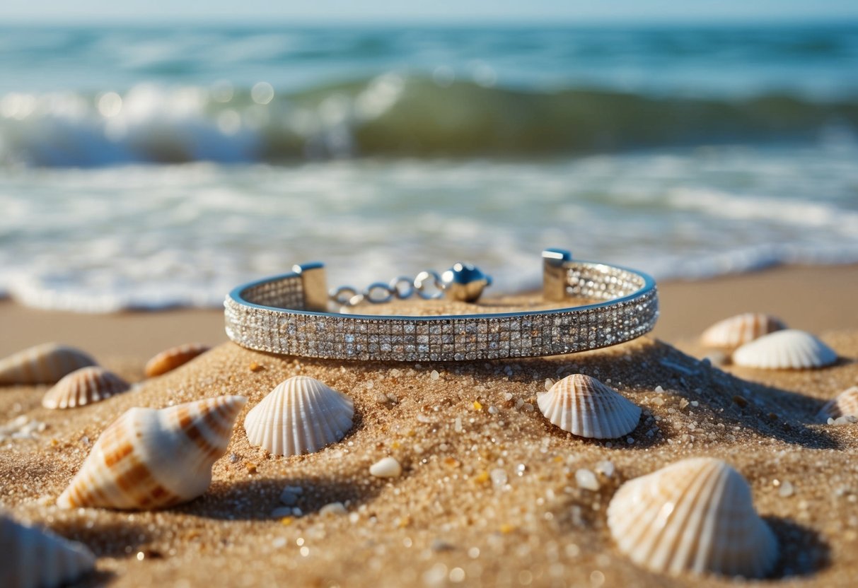 A sparkling anklet rests on a sandy beach, surrounded by seashells and gentle waves lapping at the shore