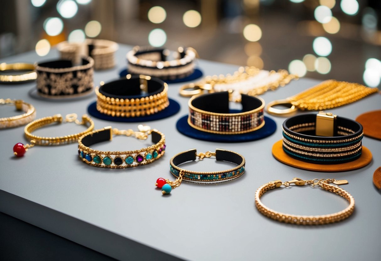 Various anklet styles displayed on a flat surface with different designs and materials