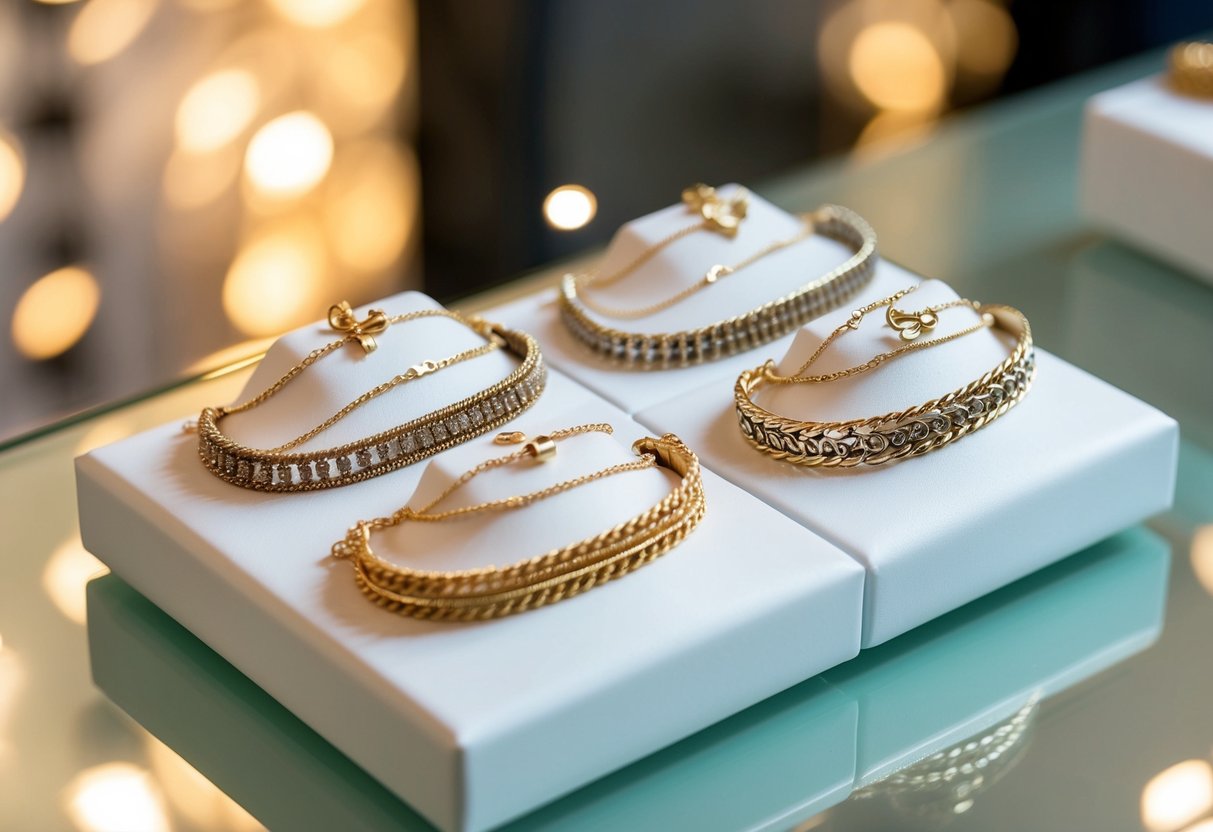 A collection of stylish anklets arranged on a white display stand, with soft lighting highlighting their intricate designs and delicate chains