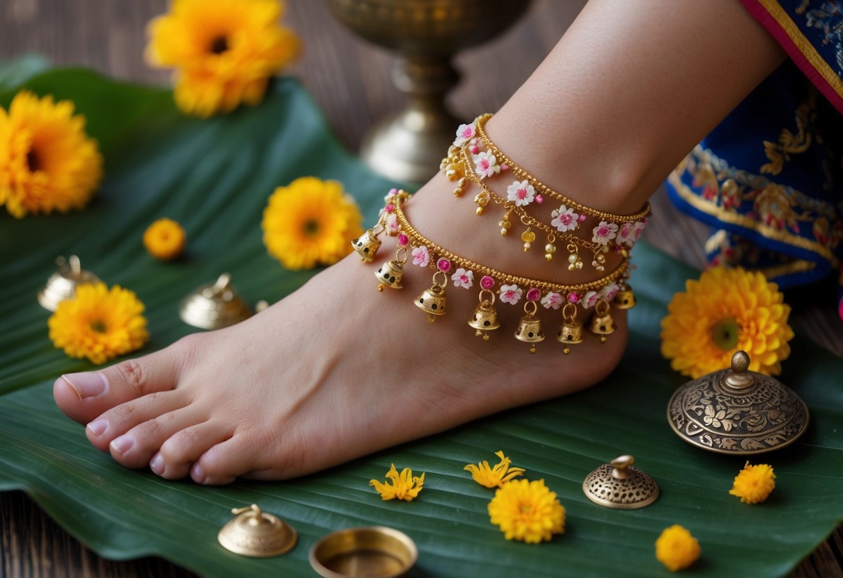 A delicate anklet adorned with bells, flowers, and intricate designs, surrounded by elements of nature and traditional cultural symbols