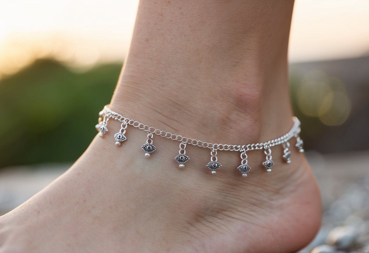 A delicate anklet made of silver and adorned with intricate craftsmanship, featuring delicate chains and small charms