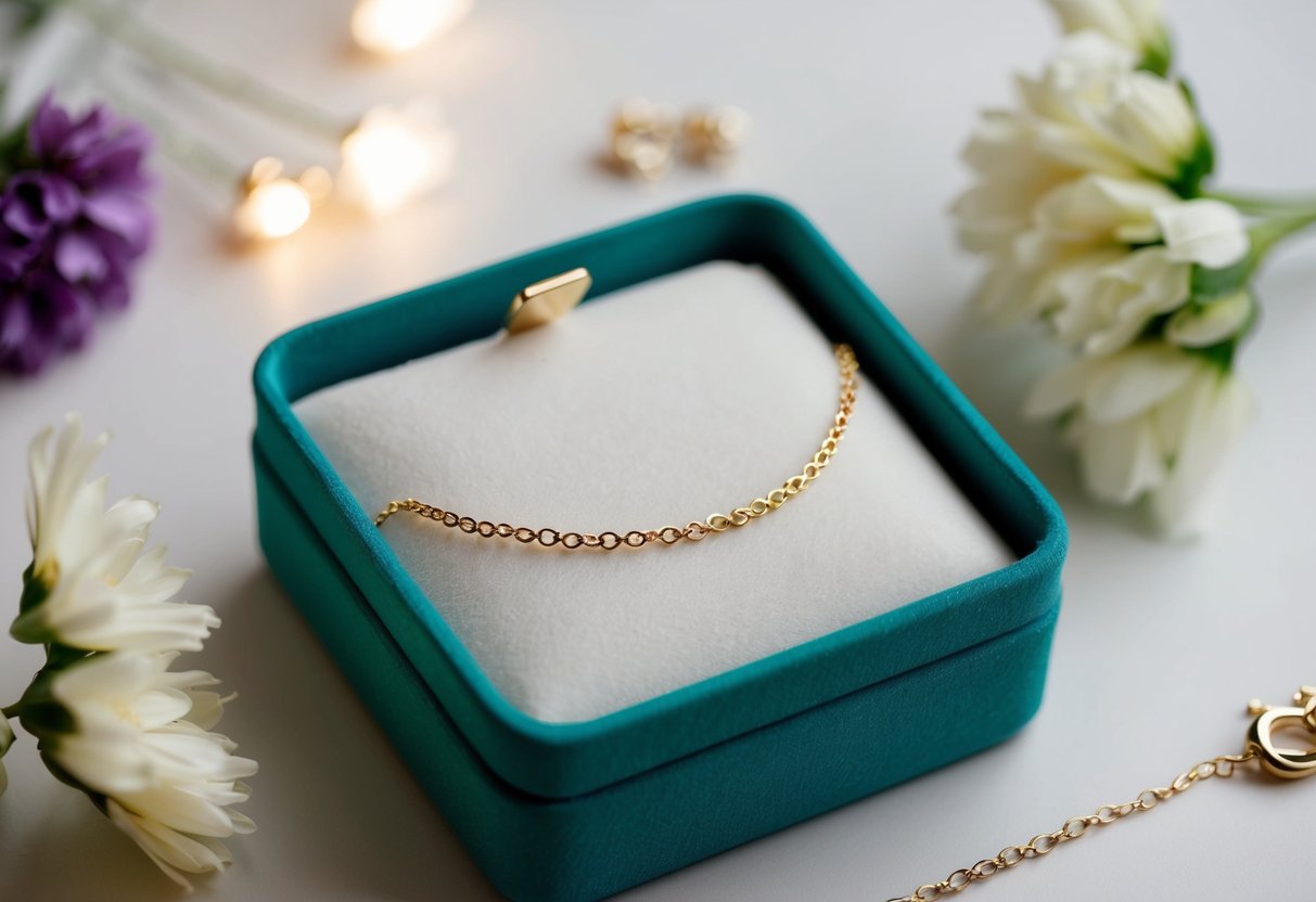 A delicate anklet lies on a velvet jewelry box, surrounded by soft lighting and floral accents