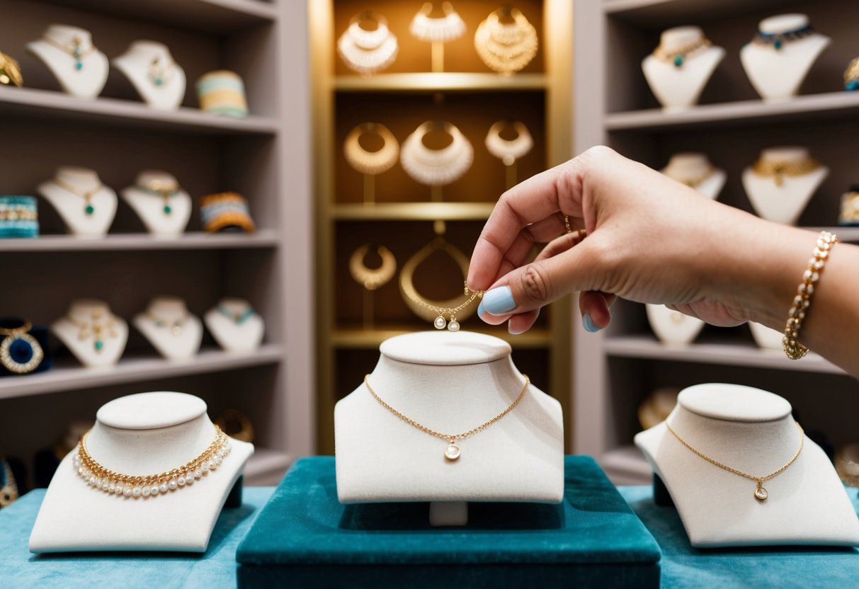 A hand places a delicate anklet on a velvet display. Shelves of various anklet designs fill the background of the boutique