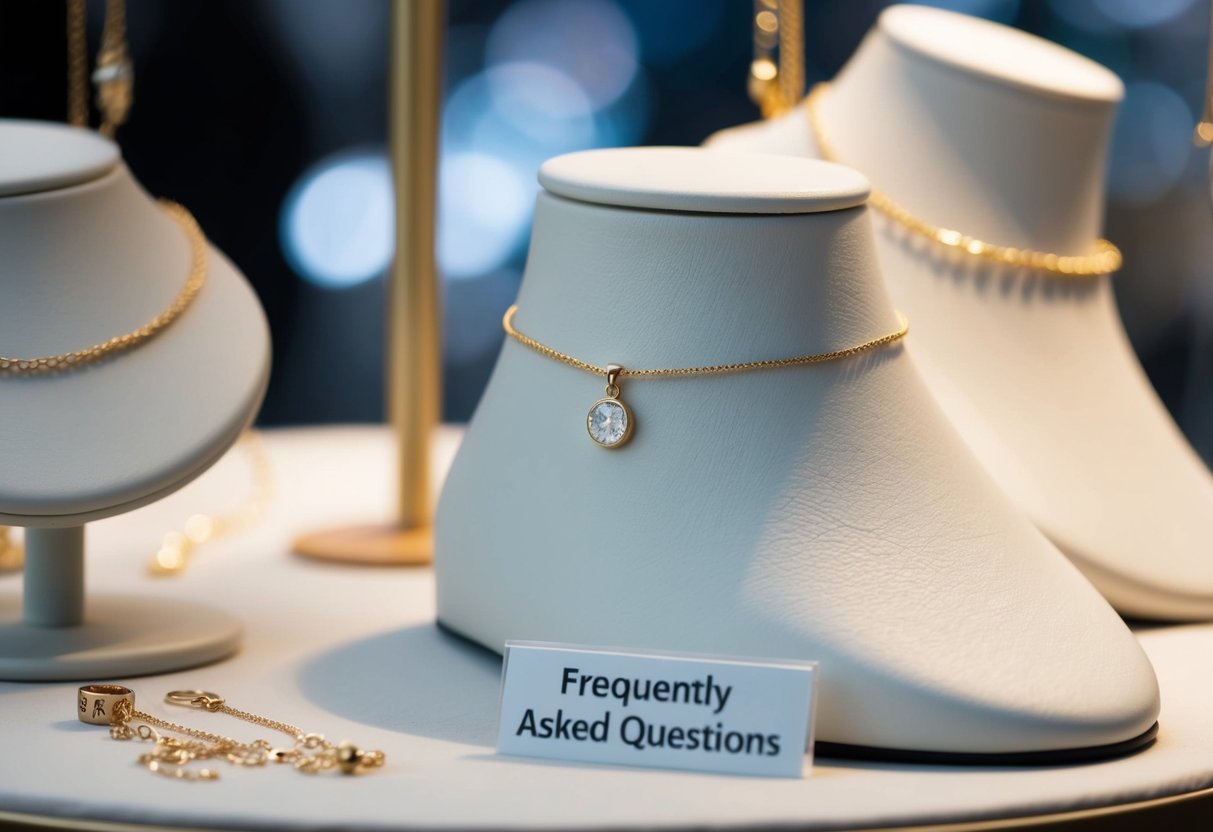 A delicate anklet with a small charm hangs from a display stand, surrounded by other jewelry pieces. The anklet is labeled "Frequently Asked Questions."