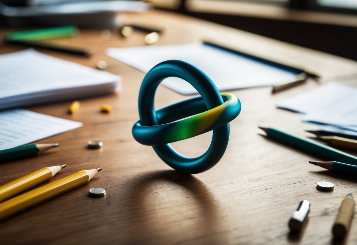 A fidget ring spinning on a wooden table, surrounded by scattered pencils and papers