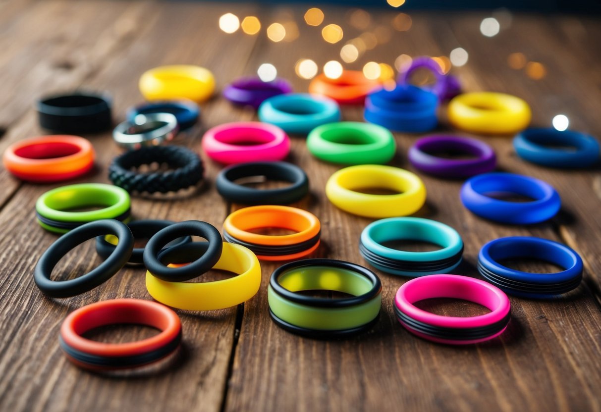 A variety of fidget rings scattered on a wooden surface, showcasing different designs and colors