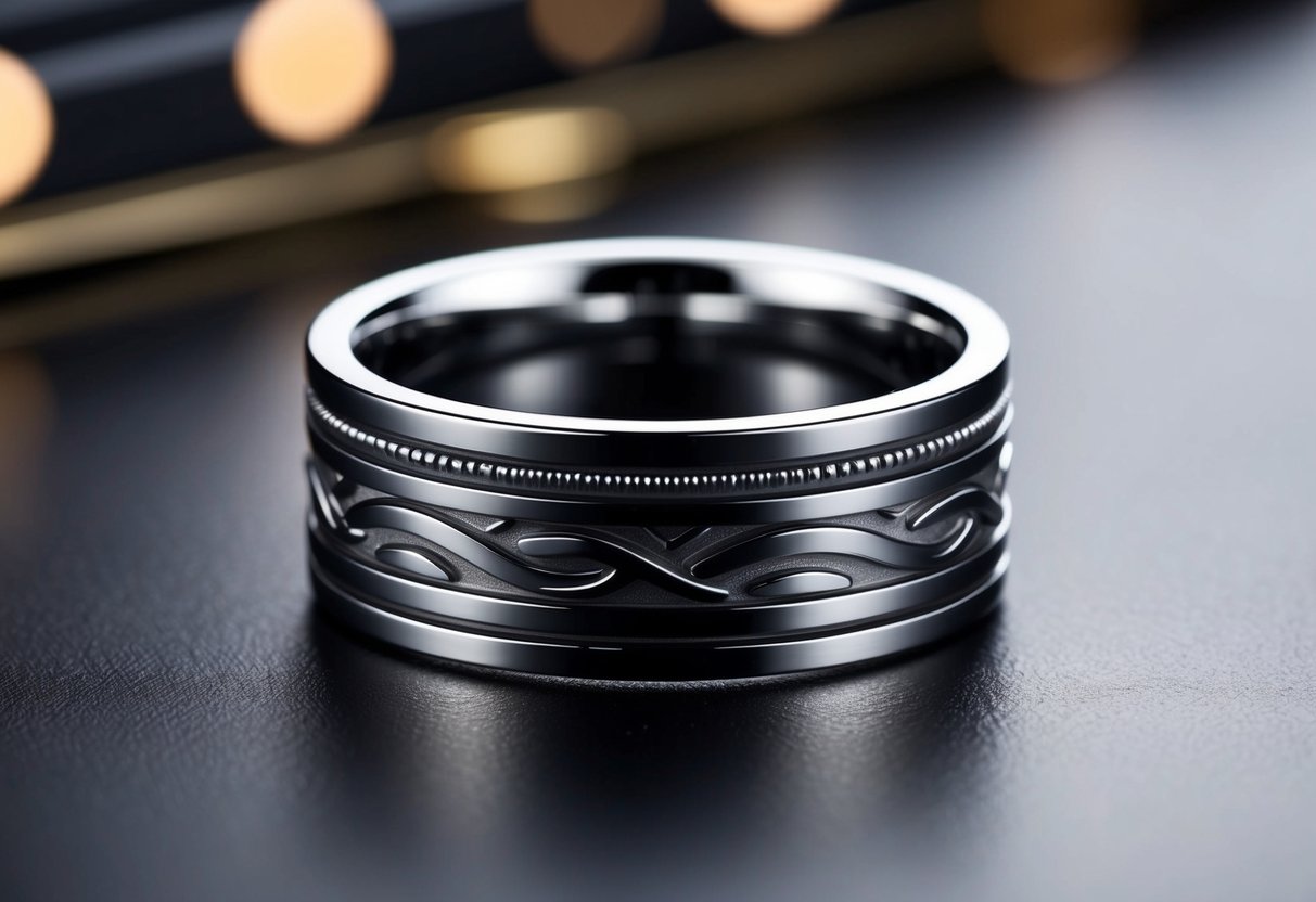 A close-up of a sleek fidget ring with intricate designs and fine craftsmanship, showcasing its smooth texture and elegant details