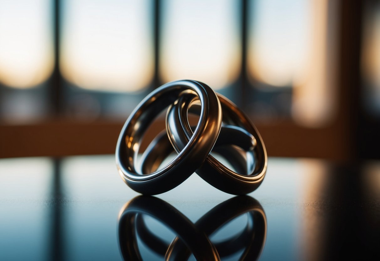 A fidget ring spins on a tabletop, catching the light and casting a playful shadow. Its smooth, metallic surface reflects the surrounding environment, creating a sense of calm and focus