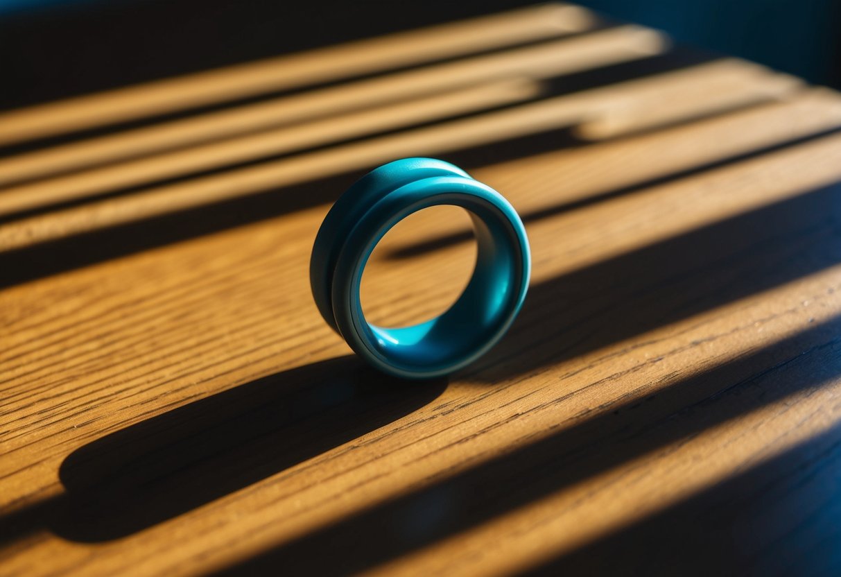 A fidget ring spins on a wooden desk, casting a mesmerizing pattern of light and shadow