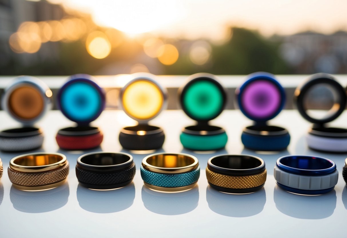 A variety of fidget rings displayed on a white surface, including different colors, textures, and designs