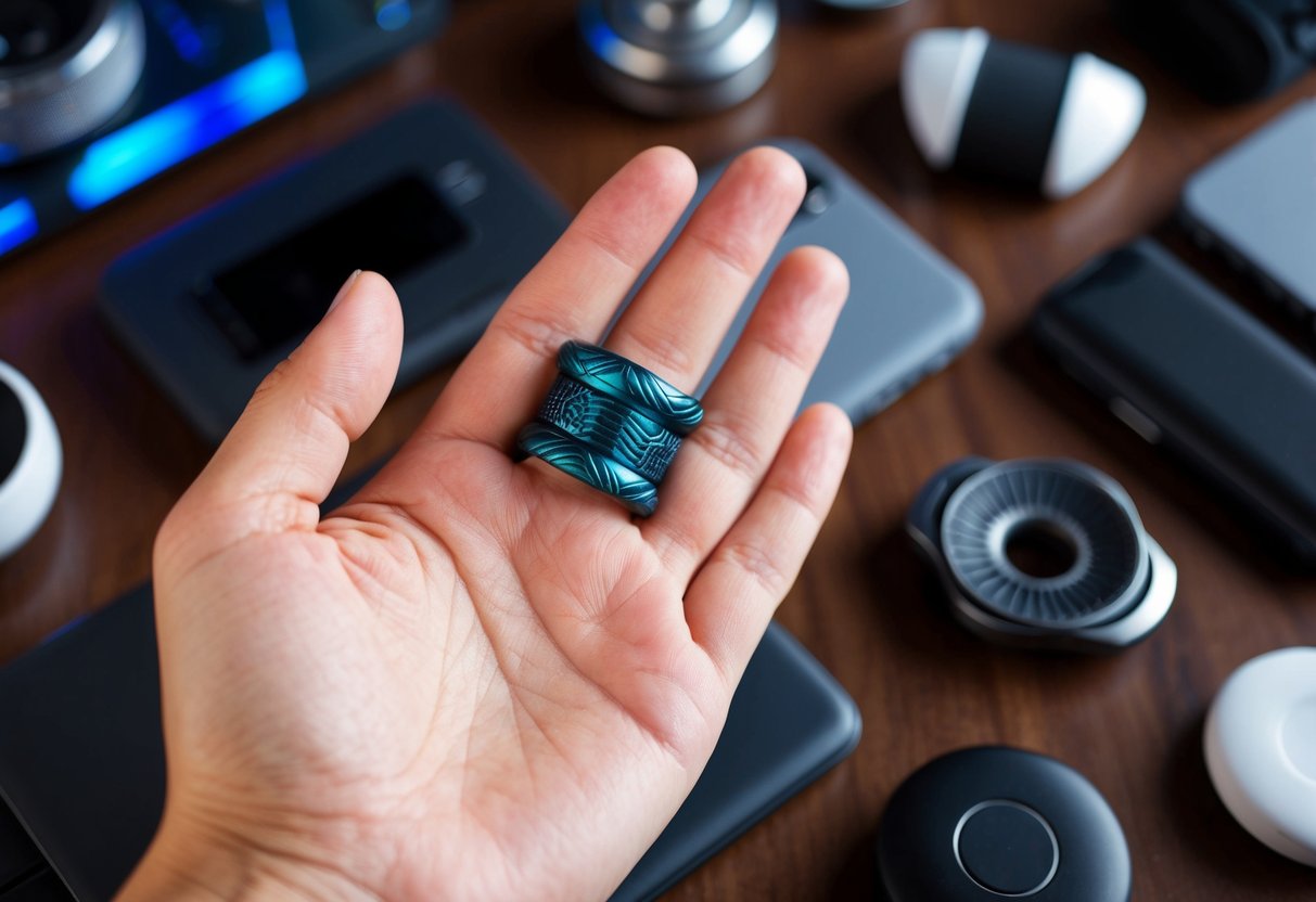 A hand holding a fidget ring, with various patterns and textures on the surface, surrounded by modern gadgets and innovative designs