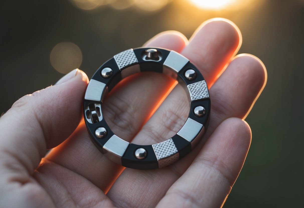 A hand holding a fidget ring, with various textures and patterns. Light reflects off the metal, while the user's fingers gently manipulate the moving parts