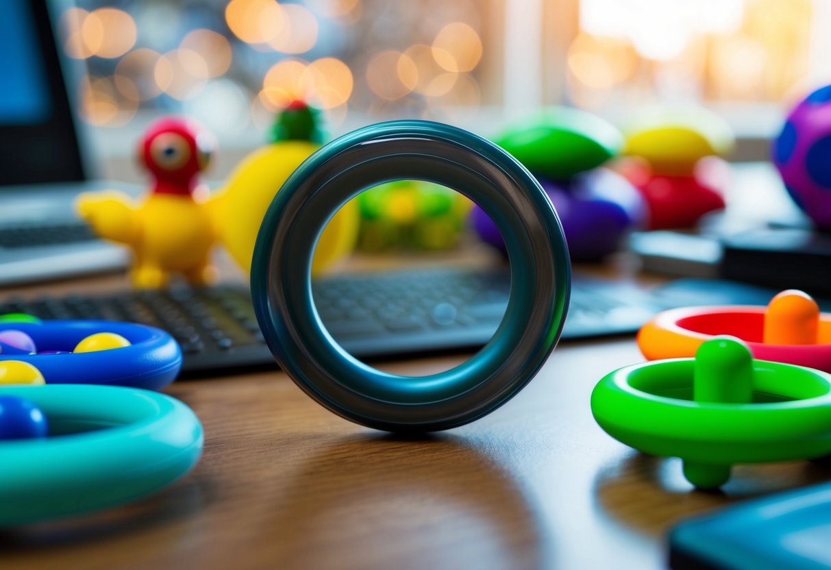 A fidget ring spins on a desk, surrounded by colorful toys and gadgets. It is the center of attention, symbolizing relaxation and focus in popular culture