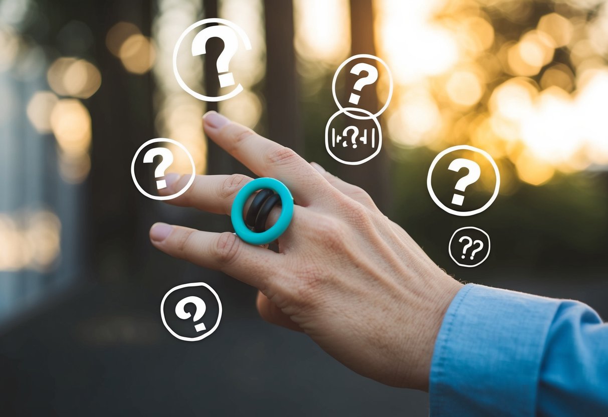 A hand holding a fidget ring, with various questions and symbols floating around it