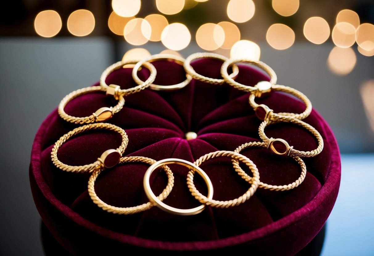 Several gold bracelets arranged in a circular pattern on a velvet cushion