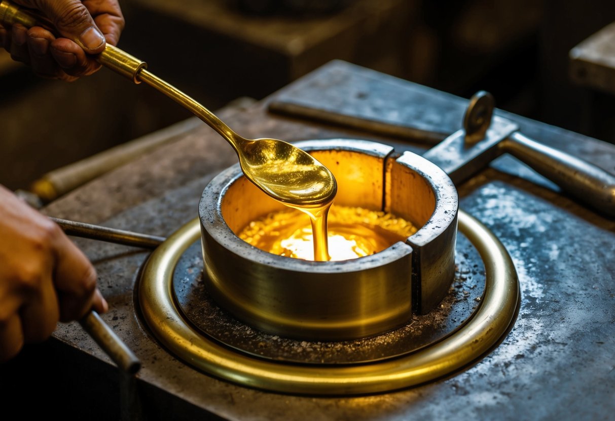 A gold bracelet being forged in a traditional blacksmith's workshop, with molten gold being poured into a mold and then hammered and polished into a shiny bracelet