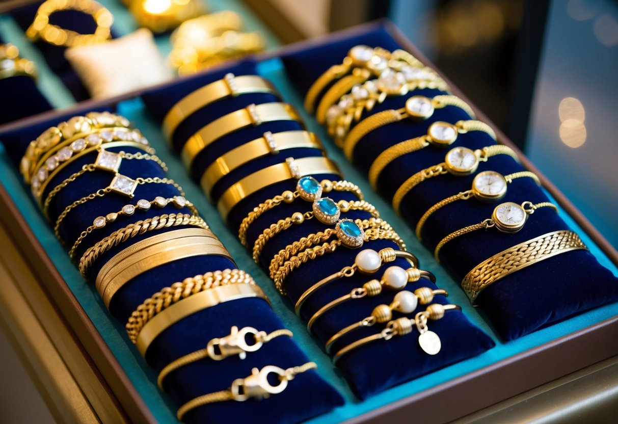 A collection of various gold bracelets arranged on a velvet display stand, catching the light and showcasing their different styles and designs