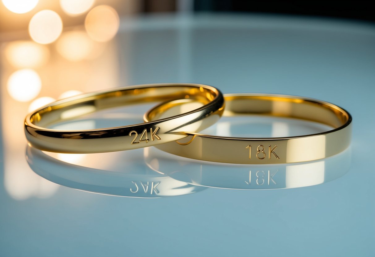 Two gold bracelets with different purity markings, one stamped with "24K" and the other with "18K", lying on a clean, reflective surface