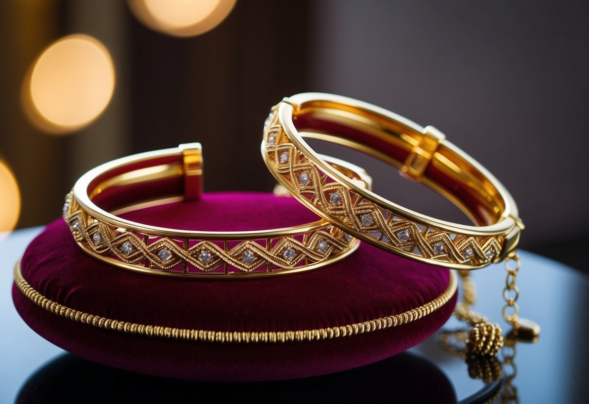 Two elegant gold bracelets displayed on a velvet cushion, catching the light to showcase their intricate design and craftsmanship