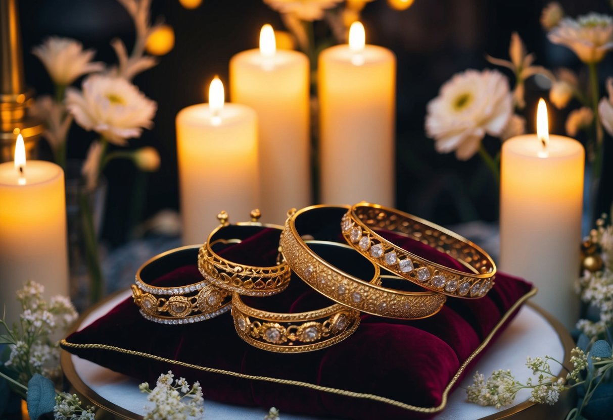 A display of ornate gold bracelets arranged on a velvet cushion, surrounded by flickering candlelight and delicate floral decorations