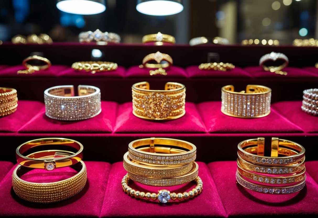 A display of various gold bracelets in different styles and designs arranged on a velvet-lined jewelry counter with a spotlight highlighting their shimmering details