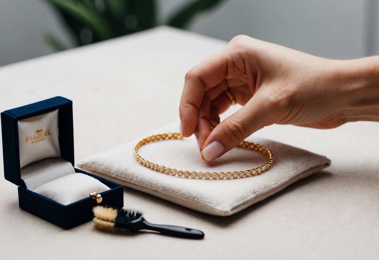 A hand reaches for a delicate gold bracelet resting on a soft cloth. A small jewelry box sits nearby, open to reveal a polishing cloth and small brush