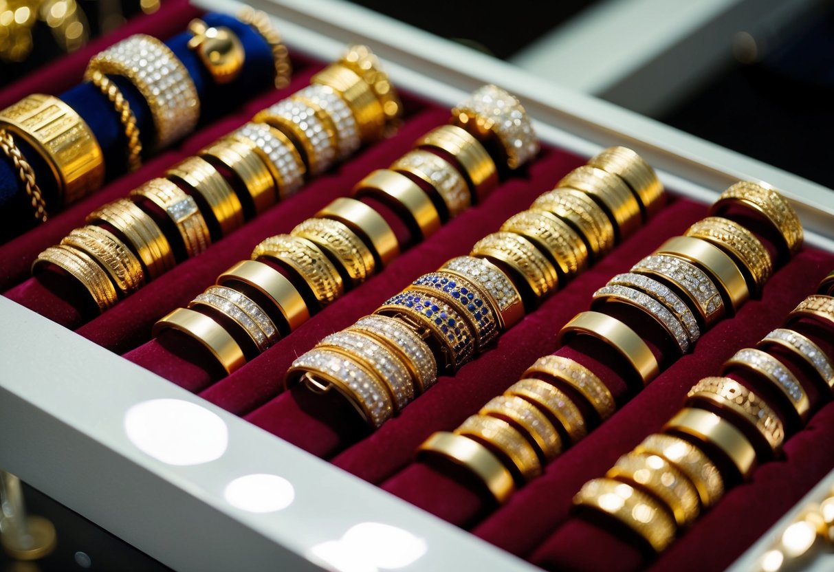 A display of various gold bracelets arranged on a velvet-lined jewelry tray, catching the light and showcasing their intricate designs and shimmering surfaces