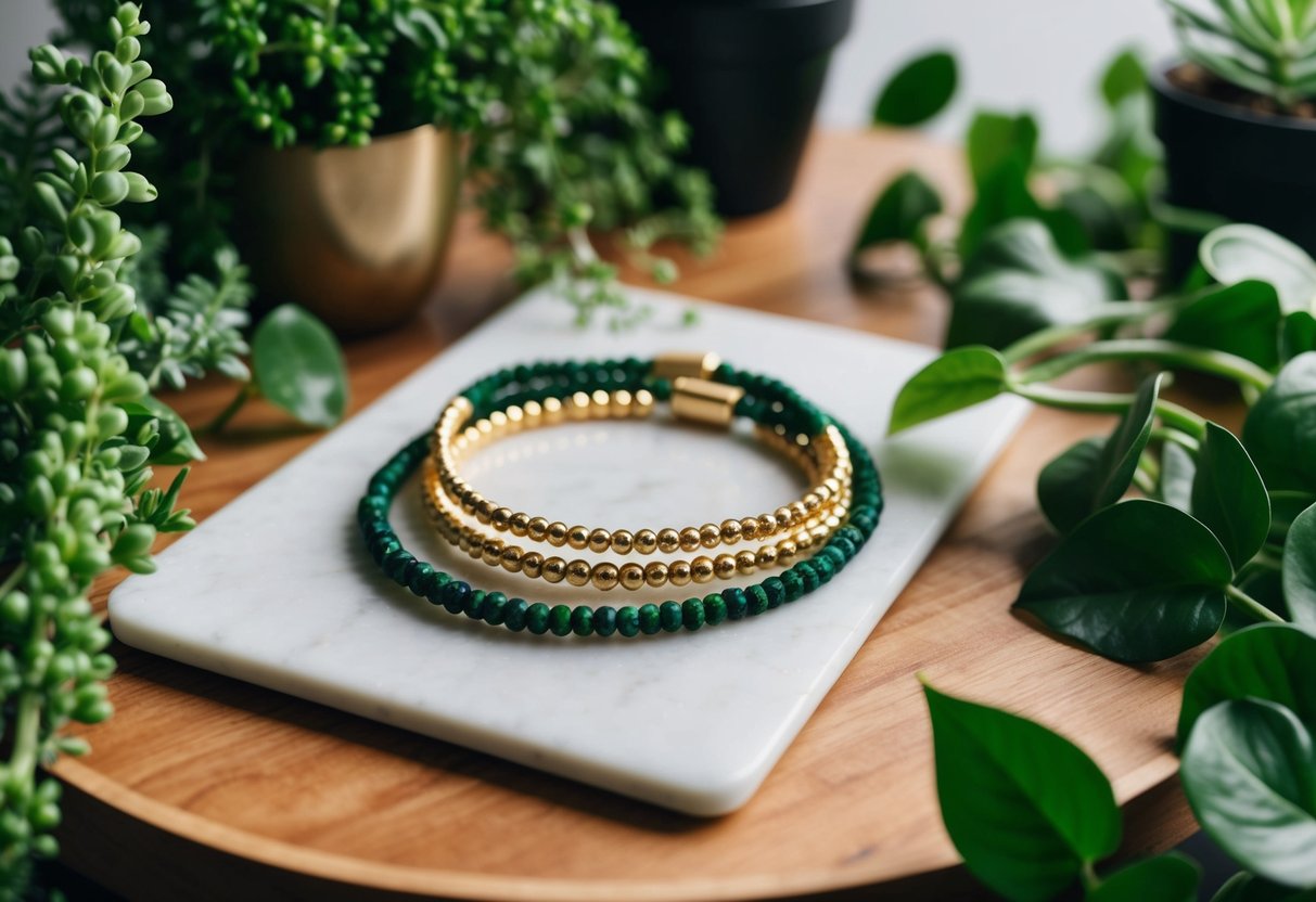 A table with gold bracelets made from sustainable and ethically sourced materials, surrounded by green plants and natural elements