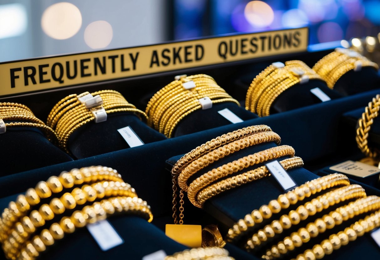 A display of gold bracelets with a sign indicating "Frequently Asked Questions" above them