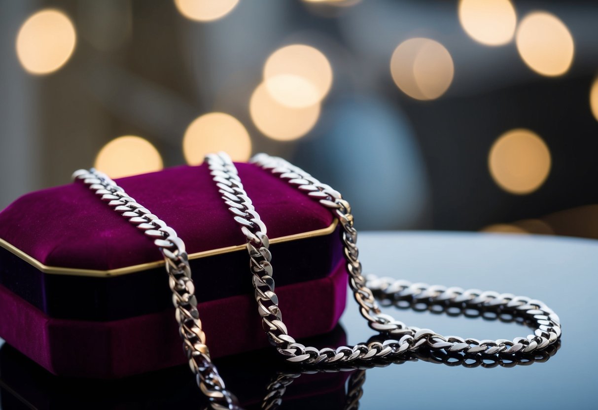 A shiny figaro chain draped over a velvet jewelry box. The chain reflects the light, creating intricate patterns on the smooth surface