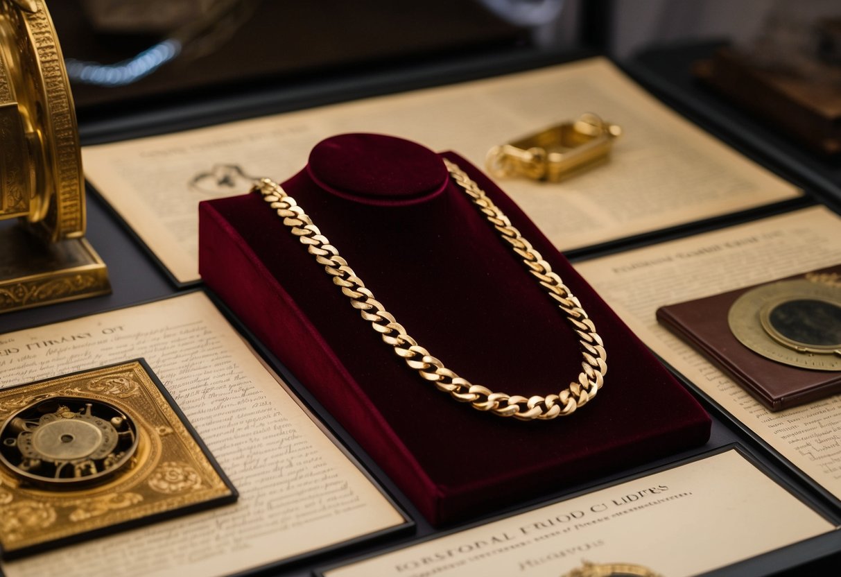 A gold figaro chain lies on a velvet display, surrounded by historical artifacts and documents