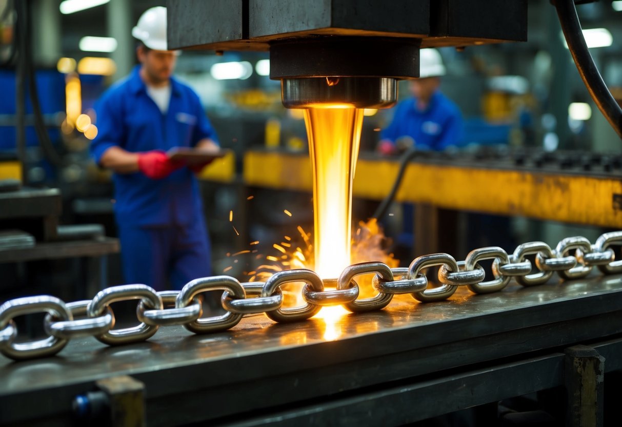 Molten metal poured into molds, cooled, and linked to form figaro chain. Machinery hums and workers inspect the finished product