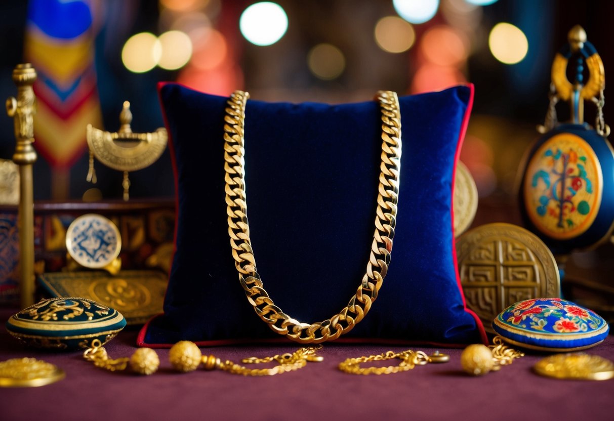 A gold figaro chain hangs on a velvet cushion, surrounded by traditional cultural symbols and artifacts