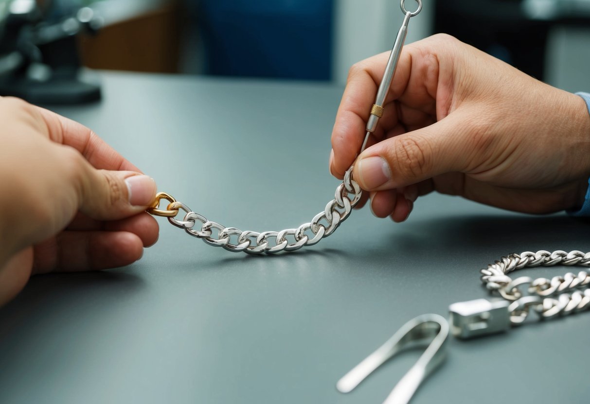 A jeweler carefully polishing and inspecting a figaro chain for any signs of wear or damage