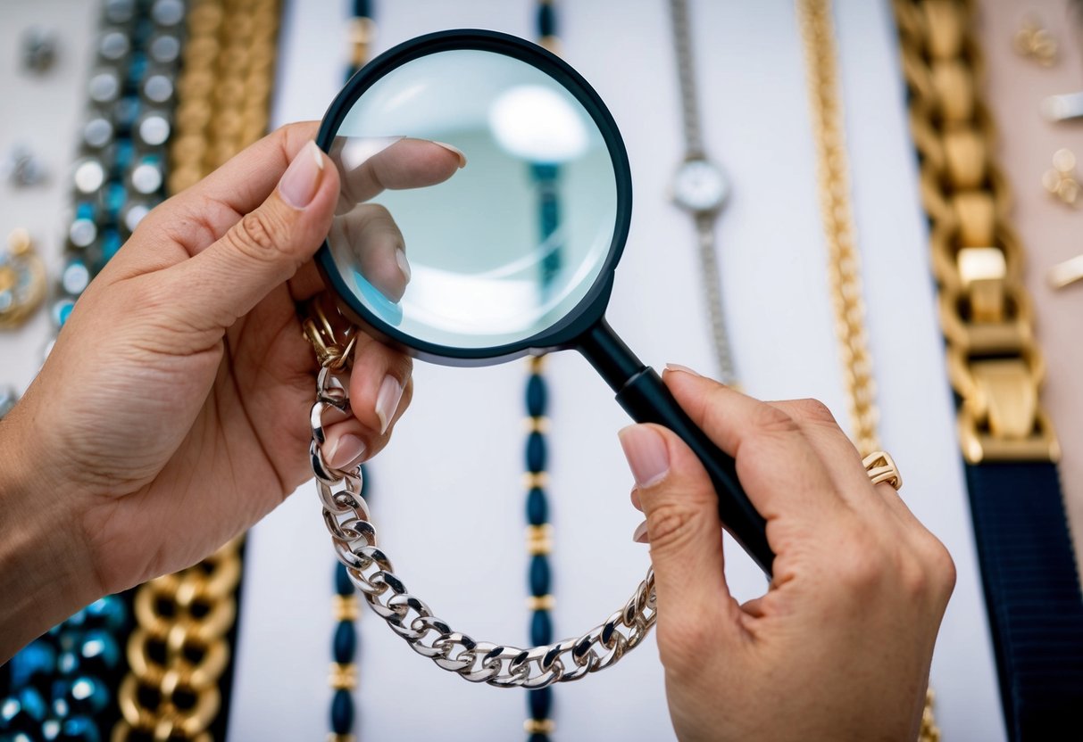 A hand holding a magnifying glass examines a shiny figaro chain against a backdrop of various jewelry options