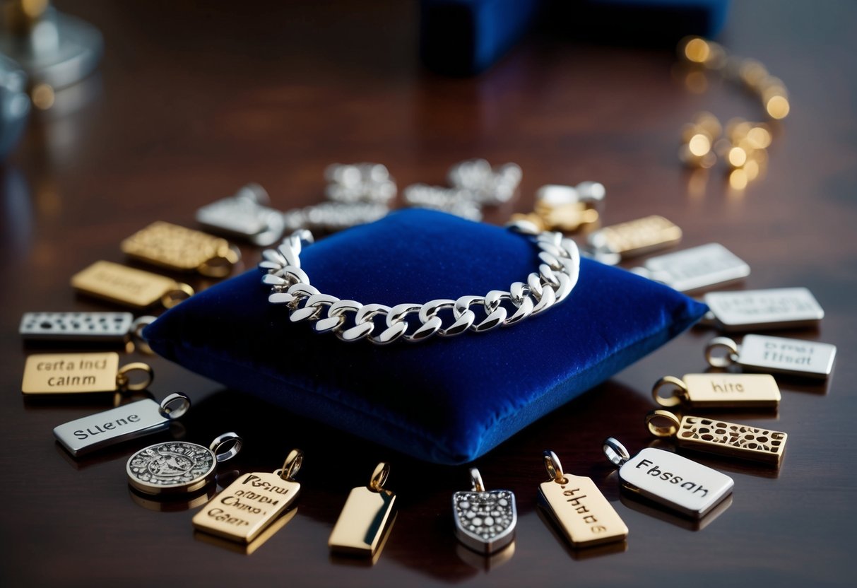 A gleaming figaro chain lies on a velvet cushion, surrounded by an array of customizable charms and personalization options