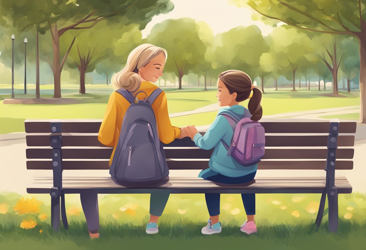 A young girl and a woman sitting on a park bench, smiling and chatting. The woman gently holds the girl's hand, showing a close bond between aunt and niece